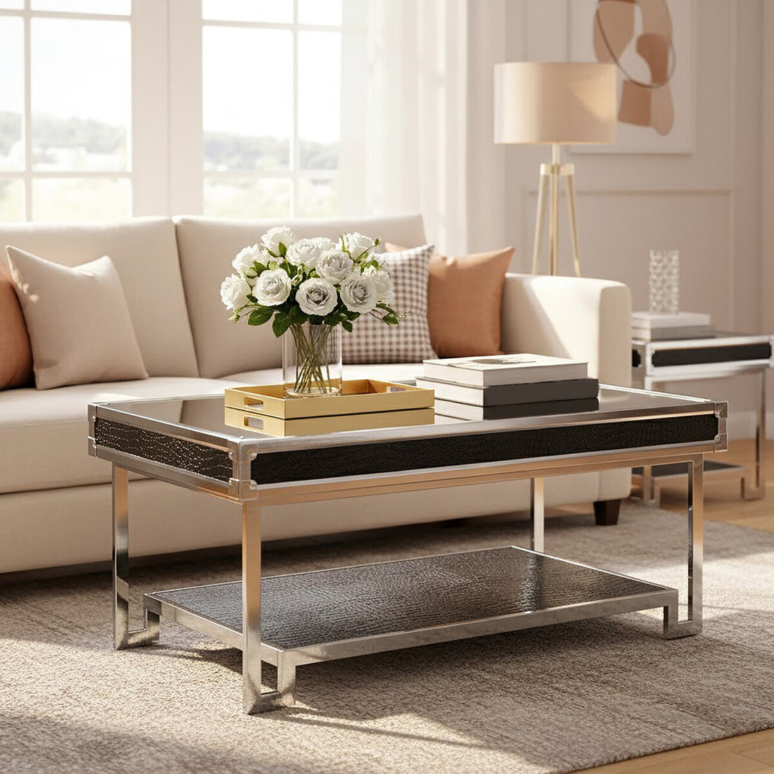 Black and Silver Two-Tier Coffee Table with Leather Effect Top and Stainless Steel Frame, Carla