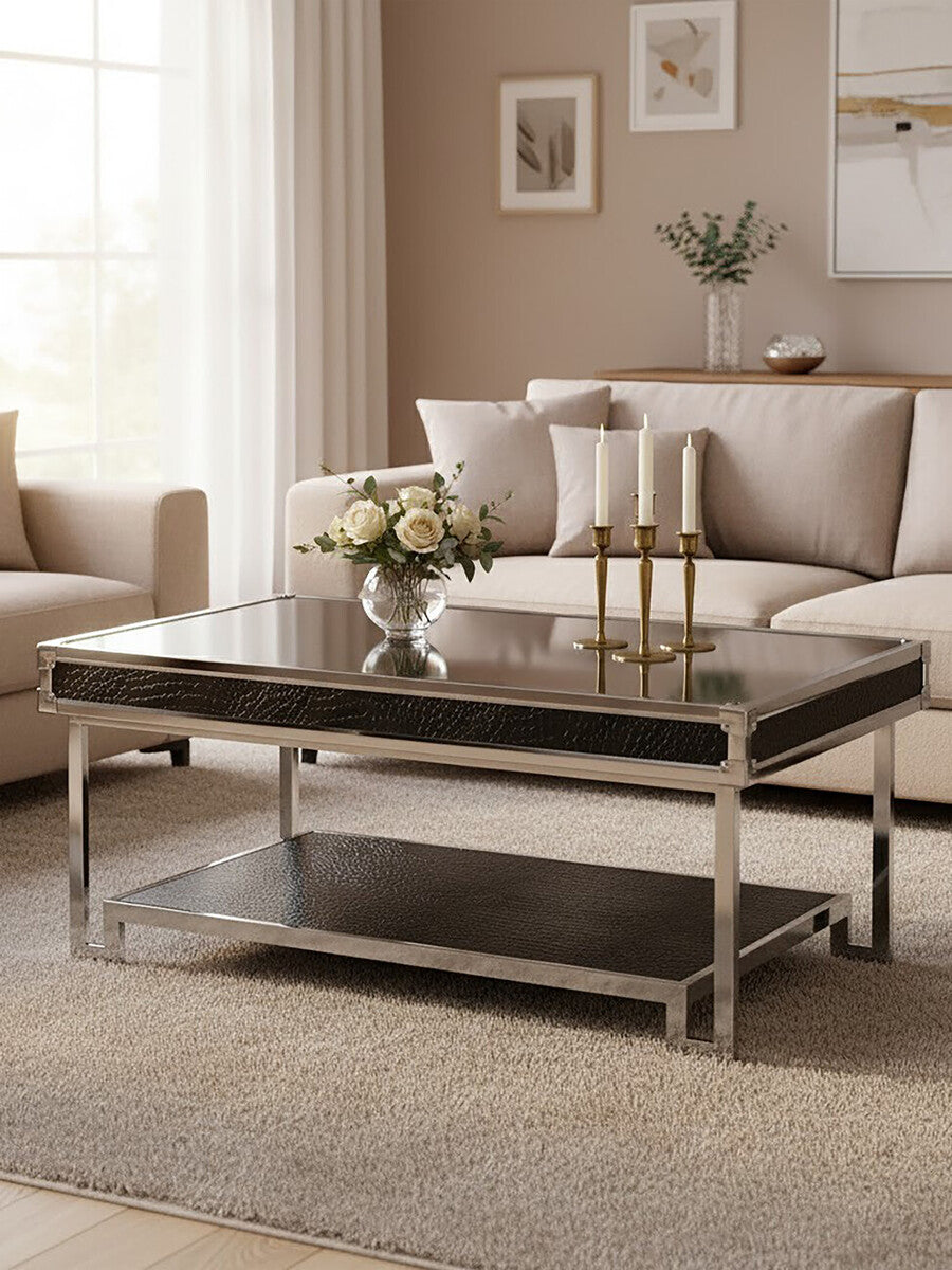 Black and Silver Two-Tier Coffee Table with Leather Effect Top and Stainless Steel Frame, Carla