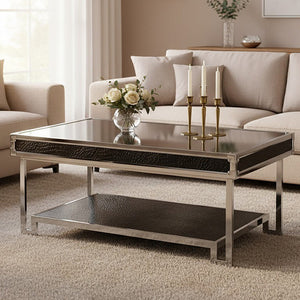 Black and Silver Two-Tier Coffee Table with Leather Effect Top and Stainless Steel Frame, Carla