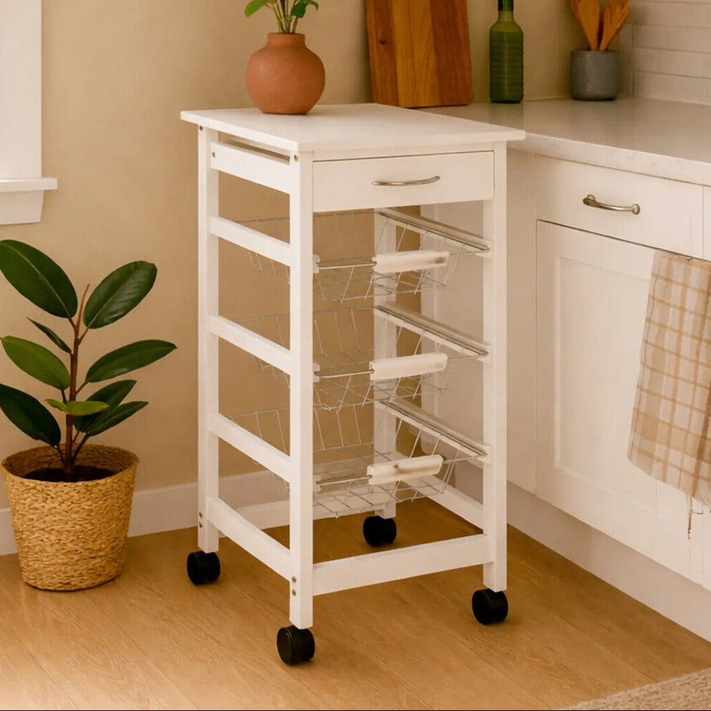White Kitchen Trolley with Drawer and Basket, Harlow Glenn