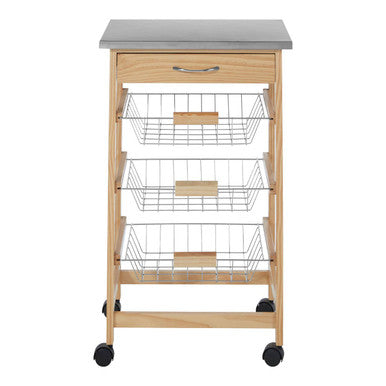 Wooden kitchen cart with metal wire baskets on a white background