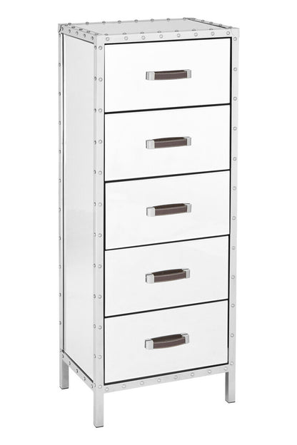 White dresser with five drawers and metal handles on a white background