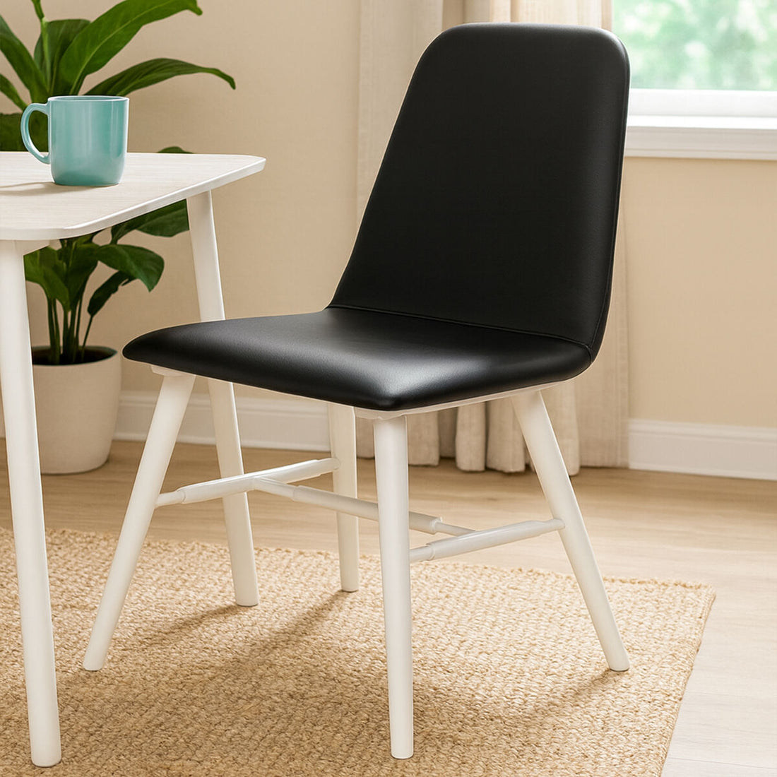 Black chair with white legs in a room with a table and plants