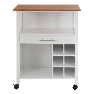 White kitchen island with wooden top and storage compartments on wheels