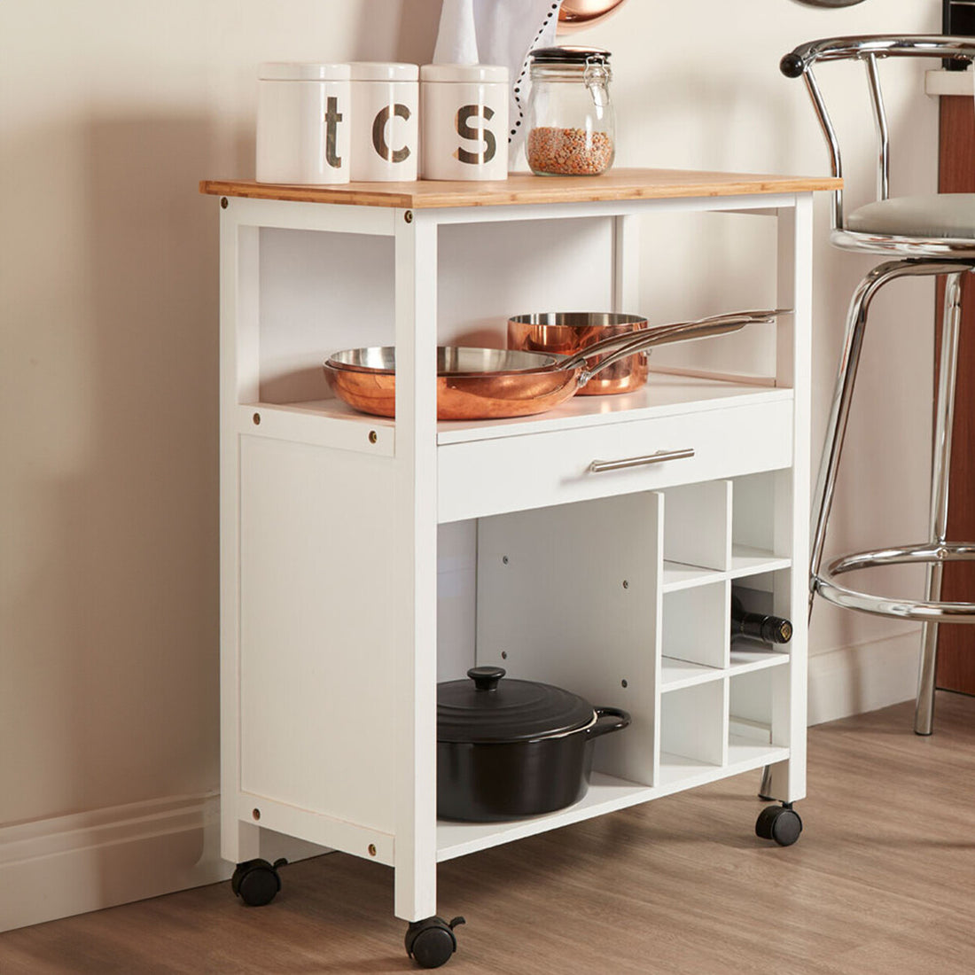 Harlow White and Bamboo Top 1 Drawer Kitchen Trolley