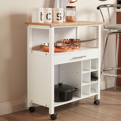 Harlow White and Bamboo Top 1 Drawer Kitchen Trolley