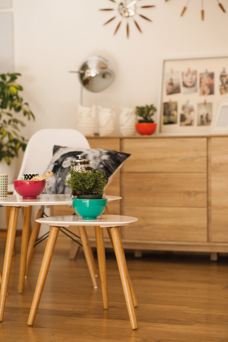 White High Gloss Top Nest of 2 Tables with Natural Wood Legs, Nostra