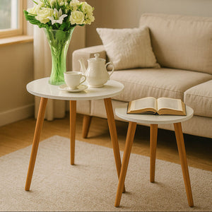 Nostra White Gloss and Bamboo Set of 2 Round Side Tables
