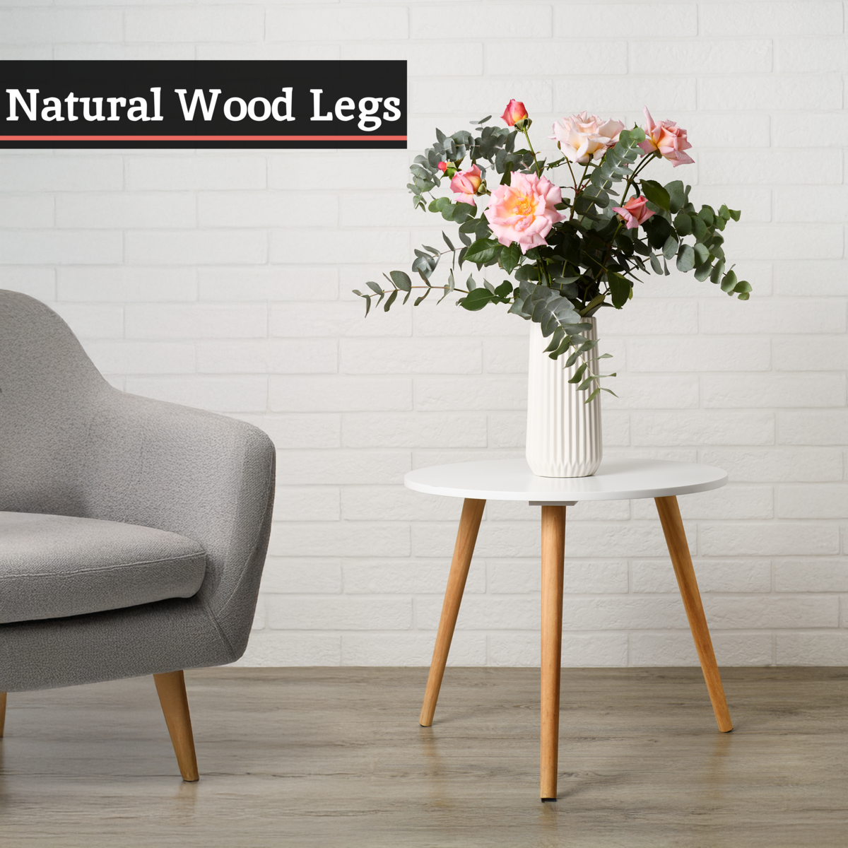 White High Gloss Round Top Nest of 2 Tables with Natural Wood Legs, Nostra