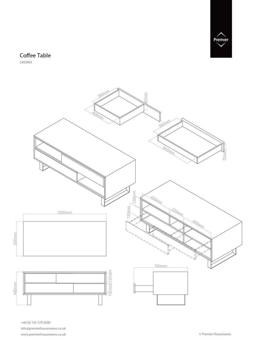 Black High Gloss Coffee Table with 2 Drawers, 2 Open Shelves and Black Metallic Legs, Moritz