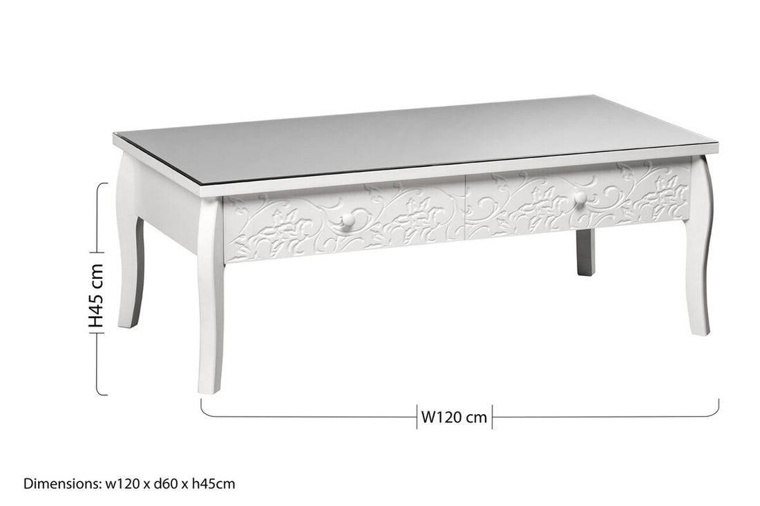 White Glass Top Coffee Table with 2 Drawers and Decorative Detailing, Chamonix