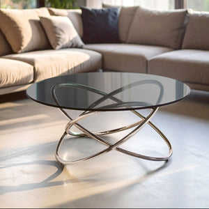 Cassy Smoked Glass and Silver Finish Round Coffee Table