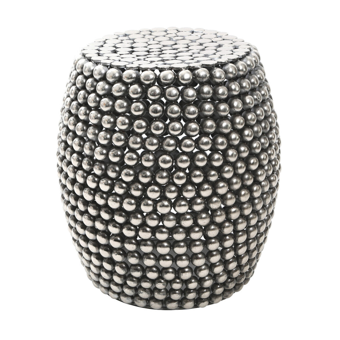 Decorative stool with metallic bead embellishments on a white background