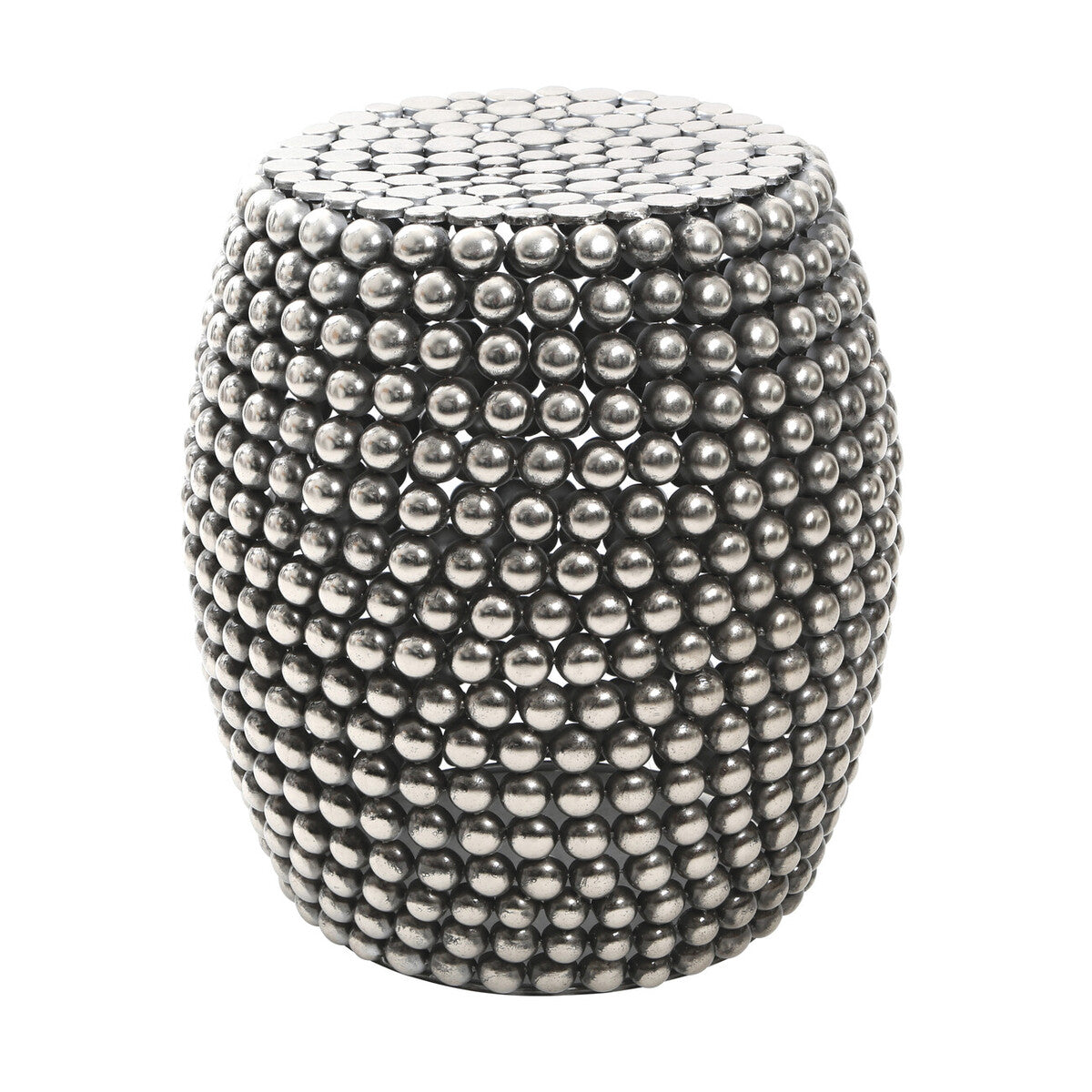 Decorative stool with metallic bead embellishments on a white background
