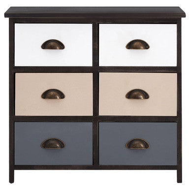 Multicolored dresser with six drawers in white, beige, and blue.