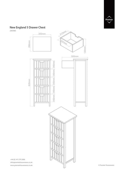 New England White 5 Drawers Chest