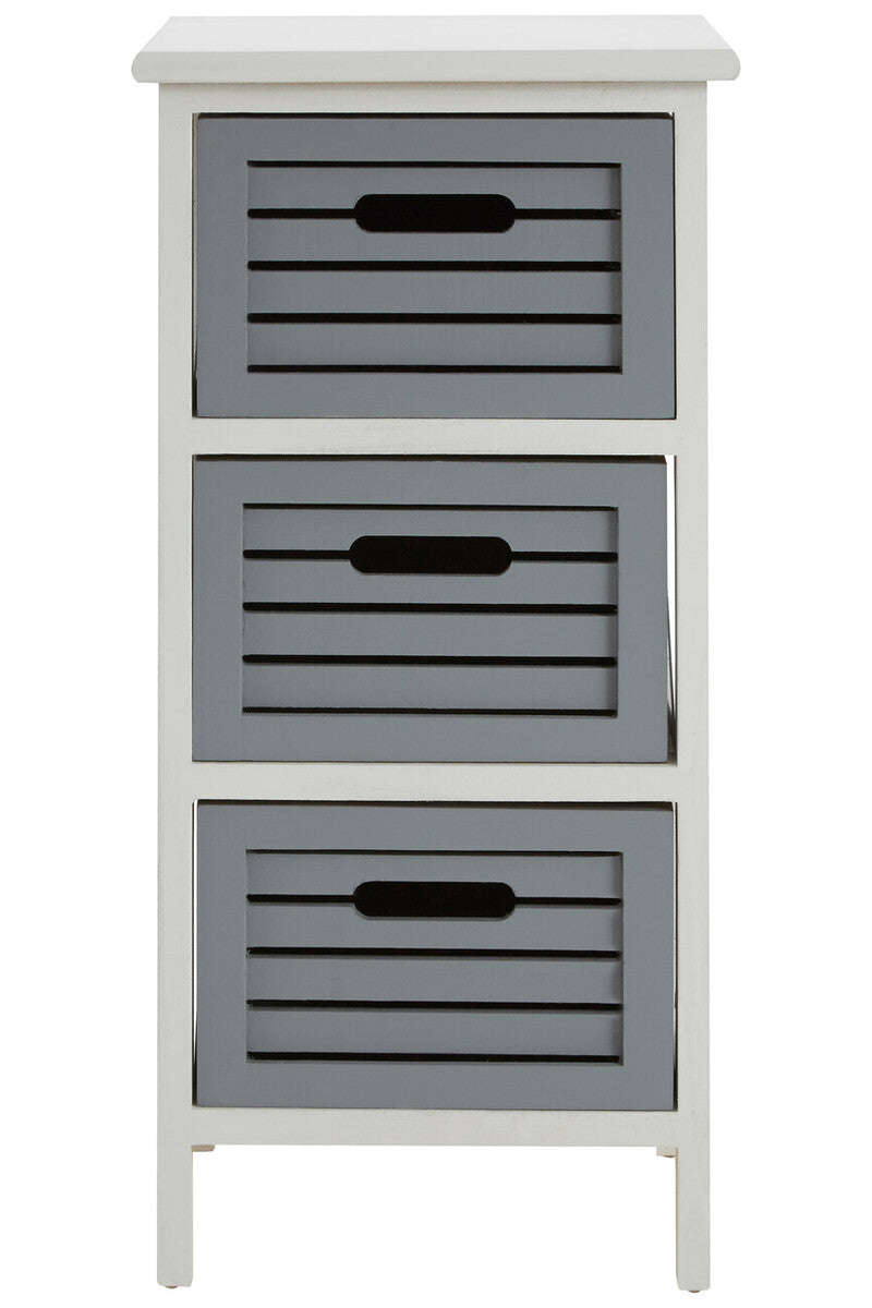 White and gray three-drawer cabinet on a white background