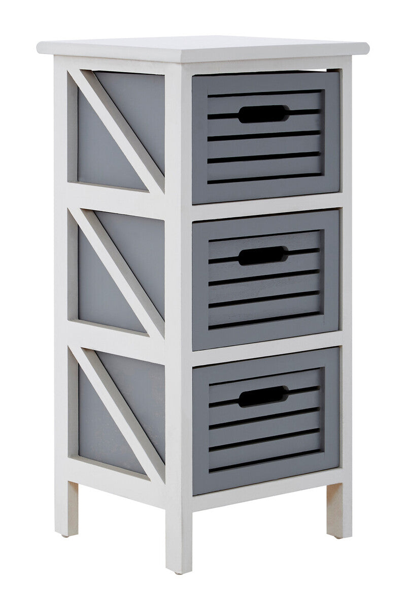 White and gray storage unit with three drawers on a white background