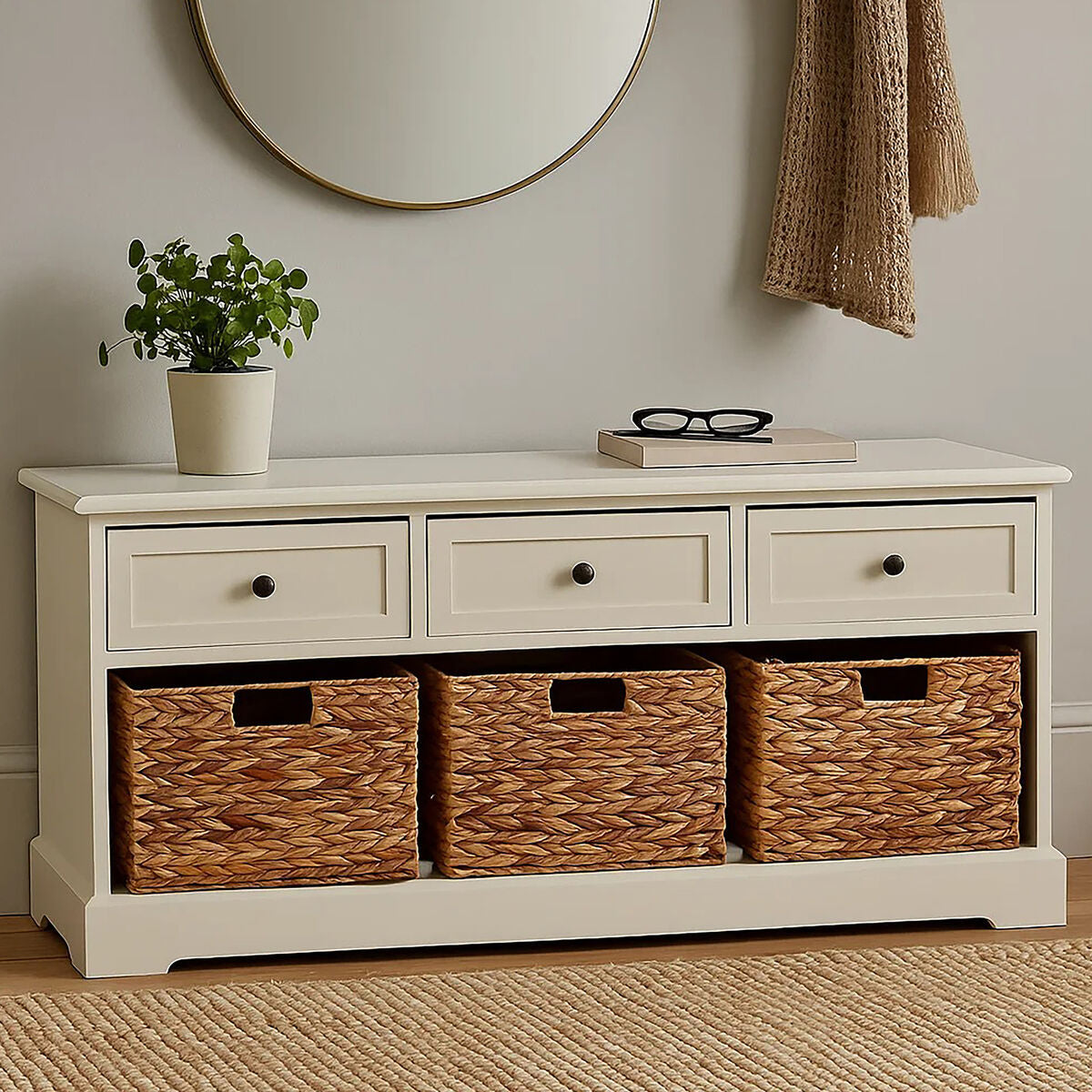 Vermont Ivory 3 Drawer 3 Baskets Bench