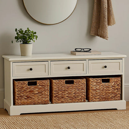 Vermont Ivory 3 Drawer 3 Baskets Bench
