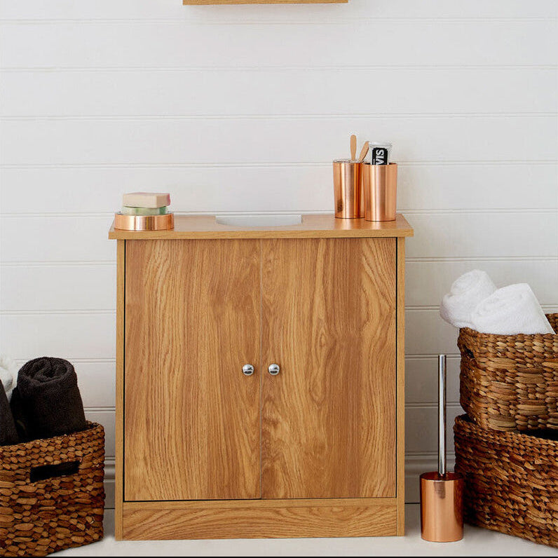 Wooden cabinet with mirror and baskets in a bathroom setting