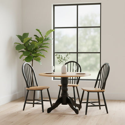 Natural Oak Veneer Wood Top Round Dining Table with Black Finish Rubberwood Base, Vermont