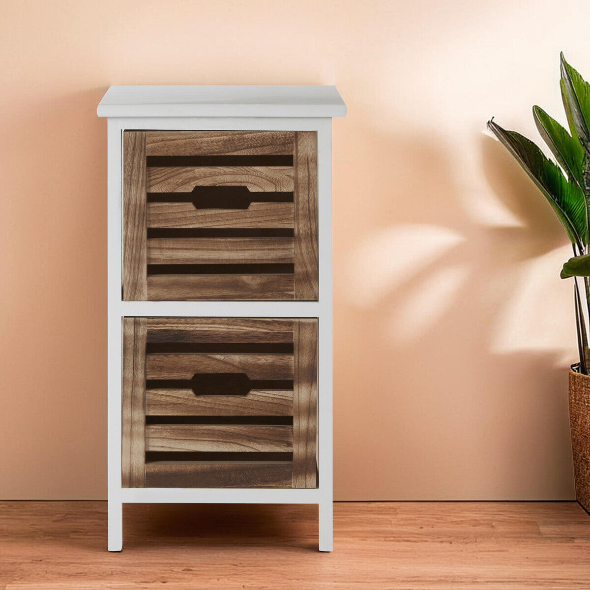 Two-tier wooden cabinet with white frame against a beige wall