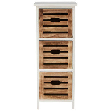 Tall wooden cabinet with three slatted doors on a white background