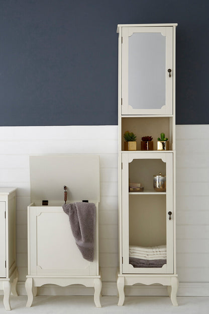 White bathroom cabinet with mirror and shelves against a dark blue wall.