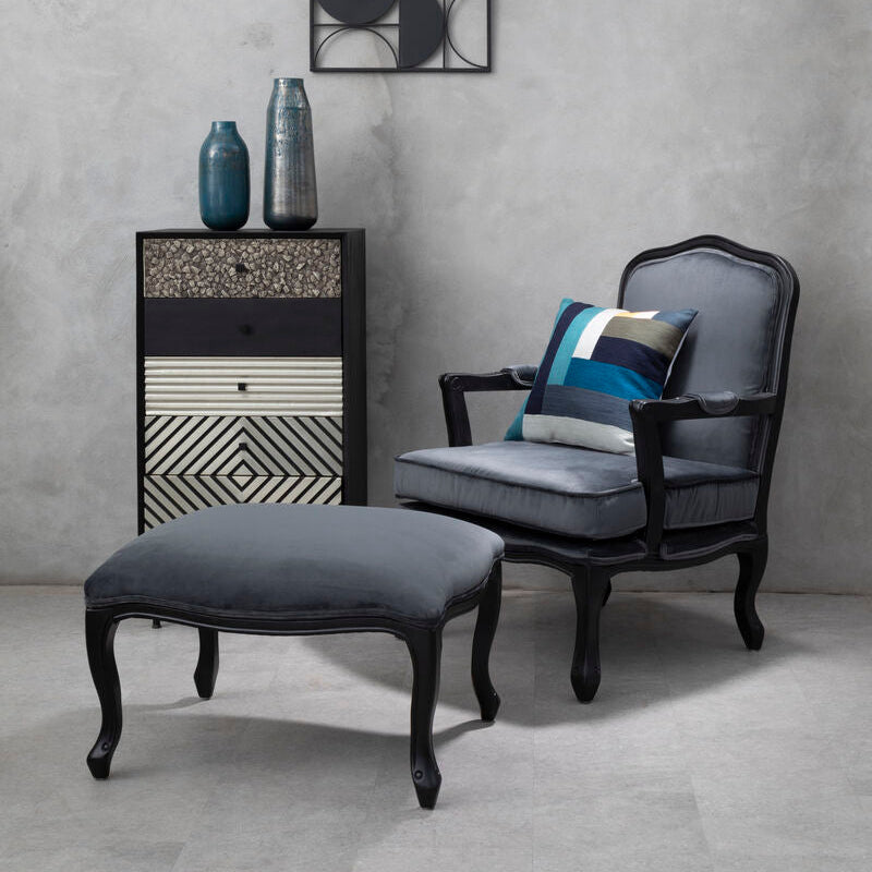 Rococo Grey Velvet Chair And Footstool