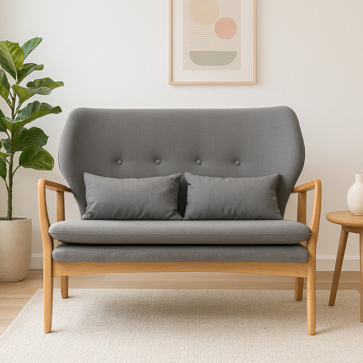 Gray sofa with wooden armrests in a room with a plant and side table.