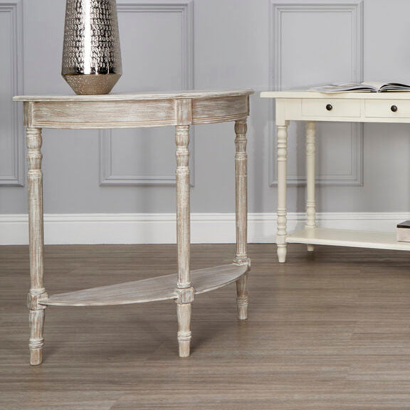Natural Wood Half Moon Console Table with Lower Storage Shelf and Carved Legs, Heritage