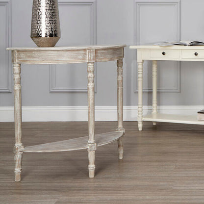 Natural Wooden Half Moon Console Table with Lower Storage Shelf and Carved Legs | Heritage