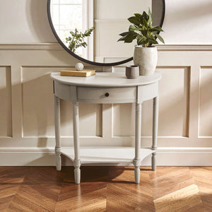 Heritage Grey Putty Wooden Half Moon 1 Drawer Console Table with Lower Shelf