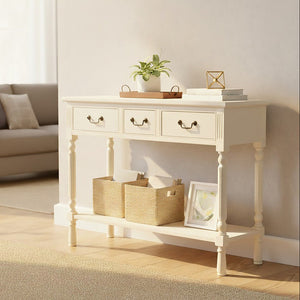 White Ivory Wooden 3-Drawer Console Table with Bevelled Top and Bottom Shelf, Heritage