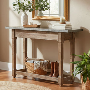 Elementary Antique Wood Finish and Metal Console Table