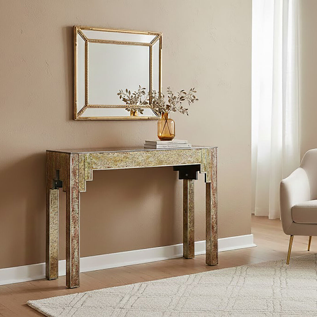 Antique Gold Deco Console Table with Sturdy Metal Frame, Deco