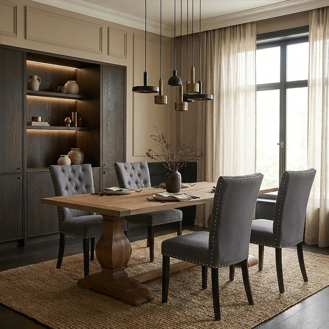 Dining room with wooden table and gray chairs, large window, and shelves.