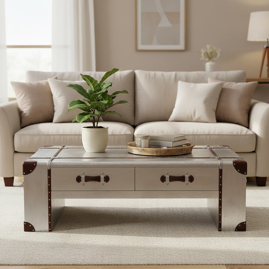 Beige sofa with a decorative coffee table in a living room setting