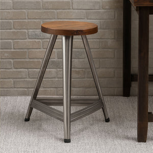 Avro Natural Wooden Large Stool with Antique Silver Finish Base