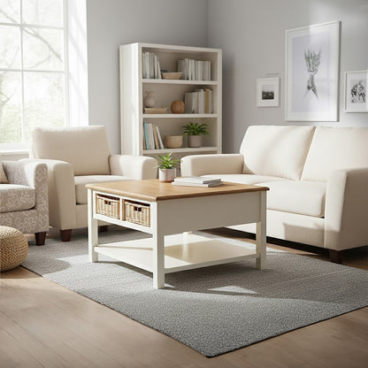 Living room with white sofa, armchair, and wooden coffee table.