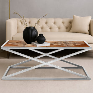 Hudson Natural Wood Veneer and Silver Finish Coffee Table