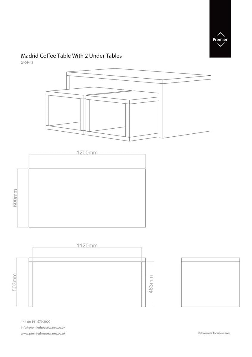 Technical drawing of Madrid Coffee Table with 2 Under Tables showing dimensions.