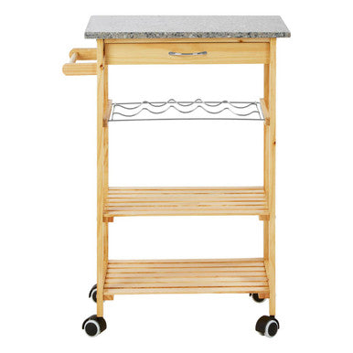 Wooden kitchen cart with marble top and wine rack on a white background