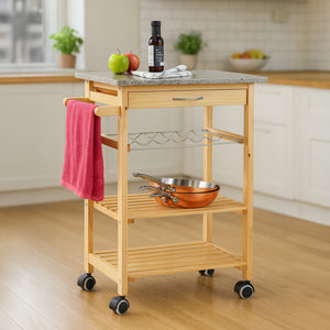 Harlow Natural Pine Wood Kitchen Trolley with Granite Top
