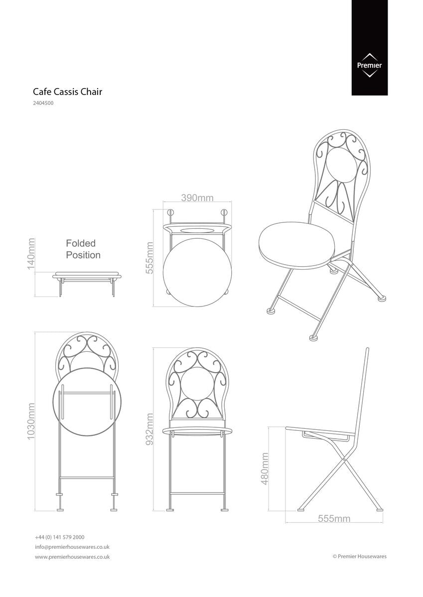 Technical drawing of a Cafe Cassis Chair with dimensions on a white background