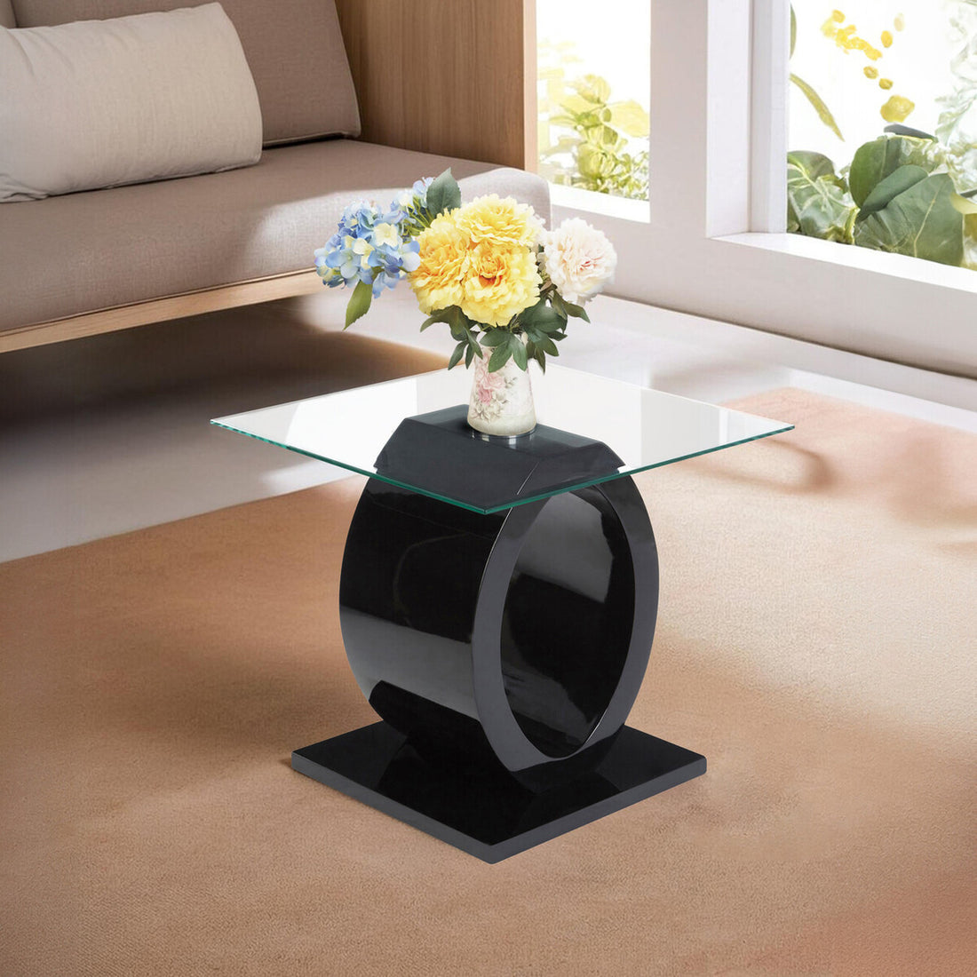 Tempered Glass Top O-Shaped Side Table with Black MDF Base, Halo