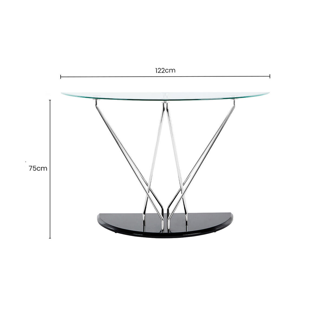 Tempered Glass Top Half Moon Console Table with Cross Chrome Metal Legs and Black Wooden Base, Halo