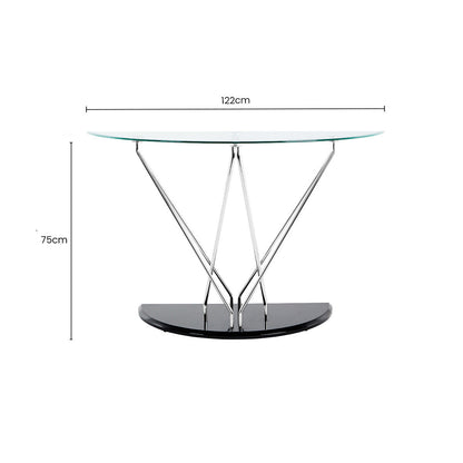 Tempered Glass Top Half Moon Console Table with Cross Chrome Metal Legs and Black Wooden Base, Halo