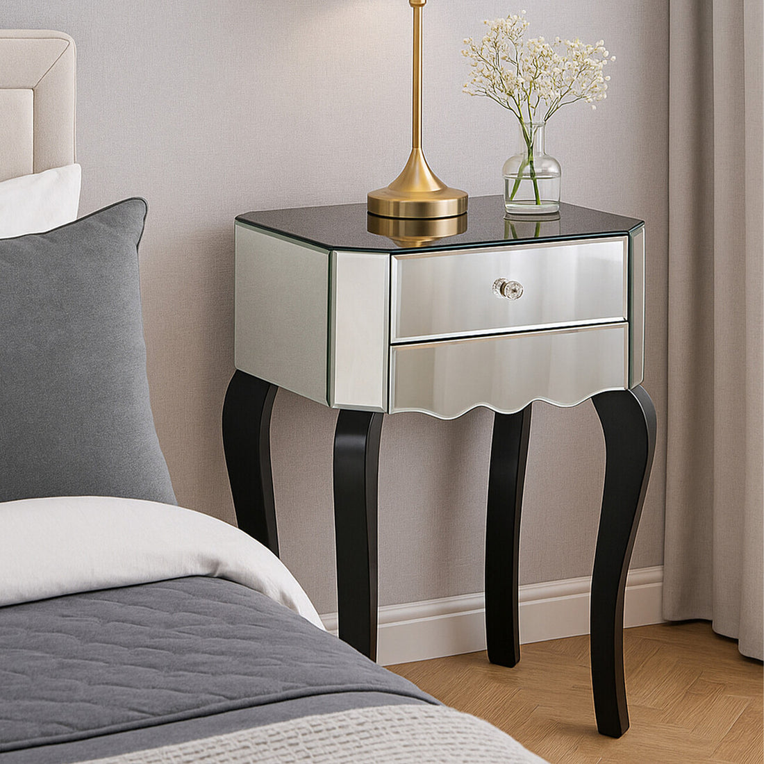 2 Drawer Mirrored Glass Side Top Bedside Table with MDF Base, Orchid